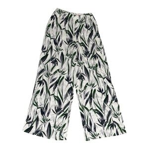 L'ATISTE Green Blue White Leaf Palm Pants Bottoms M Linen Blend Wide Leg Resort